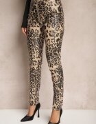  Pantaloni Bej-Negru leopard cu talie înaltă din piele ecologică cu fermoar decorativ și căptușeală Ilanilith