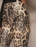  Pantaloni Bej-Negru leopard cu talie înaltă din piele ecologică cu fermoar decorativ și căptușeală Ilanilith