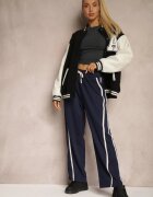  Pantaloni Bleumarin din Viscoză cu Talie Înaltă Croială Largă Decorați cu Paspoal Lulora