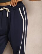 Pantaloni Bleumarin din Viscoză cu Talie Înaltă Croială Largă Decorați cu Paspoal Lulora