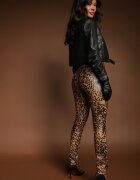  Pantaloni Maro cu imprimeu leopard Talie înaltă din piele ecologică cu fermoar decorativ și căptușeală Ilanilith