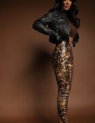  Pantaloni Maro cu imprimeu leopard Talie înaltă din piele ecologică cu fermoar decorativ și căptușeală Ilanilith