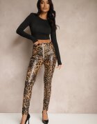  Pantaloni Maro cu imprimeu leopard Talie înaltă din piele ecologică cu fermoar decorativ și căptușeală Ilanilith