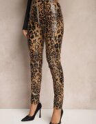  Pantaloni Maro cu imprimeu leopard Talie înaltă din piele ecologică cu fermoar decorativ și căptușeală Ilanilith