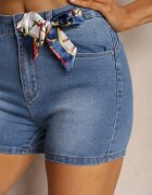  Pantaloni scurți Albastre talie înaltă din denim decorate cu fundiță Ripapia