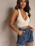  Pantaloni scurți bleumarin din denim cu talie înaltă din bumbac Pemorea
