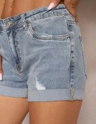  Pantaloni scurți de blugi Albaștri din bumbac High Waist Decorați cu rupturi Lucibea