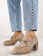  Pantofi Bej închis Mocasin cu toc bloc cu platformă Decorat cu cataramă Acridna