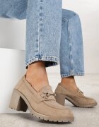  Pantofi Bej închis Mocasin cu toc bloc cu platformă Decorat cu cataramă Acridna