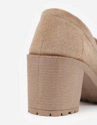  Pantofi Bej închis Mocasin cu toc bloc cu platformă Decorat cu cataramă Acridna