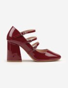  Pantofi cu toc Bordeaux lăcuiți cu toc gros decorați cu catarame și barete Eliviera