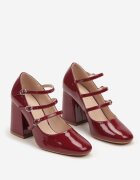  Pantofi cu toc Bordeaux lăcuiți cu toc gros decorați cu catarame și barete Eliviera