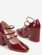  Pantofi cu toc Bordeaux lăcuiți cu toc gros decorați cu catarame și barete Eliviera