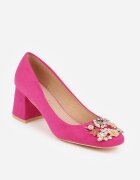  Pantofi cu toc fuchsia Vices cu toc gros cu branț din piele Decorați cu zirconii Fonamira