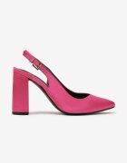  Pantofi cu toc Fucsia de satin cu toc gros cu vârf ascuțit Ingrila