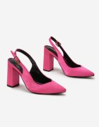  Pantofi cu toc Fucsia de satin cu toc gros cu vârf ascuțit Ingrila