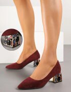  Pantofi cu toc gros Bordo decorați cu zirconii cu branț din piele Clesina