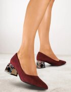  Pantofi cu toc gros Bordo decorați cu zirconii cu branț din piele Clesina