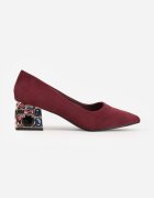  Pantofi cu toc gros Bordo decorați cu zirconii cu branț din piele Clesina