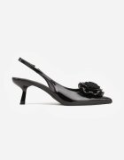  Pantofi cu toc Negri cu toc tip Kitten heel cu vârf ascuțit și decorațiune florală 3D Sinavia