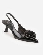  Pantofi cu toc Negri cu toc tip Kitten heel cu vârf ascuțit și decorațiune florală 3D Sinavia