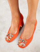  Pantofi cu toc Portocalii Vices cu toc gros cu branț din piele decorate cu zirconii Fonamira