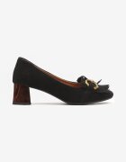  Pantofi eleganti cu toc Negri cu toc bloc geometric cu franjuri și ornament metalic Tivala