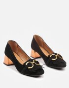  Pantofi eleganti cu toc Negri cu toc bloc geometric cu franjuri și ornament metalic Tivala