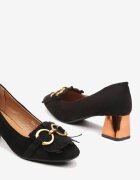  Pantofi eleganti cu toc Negri cu toc bloc geometric cu franjuri și ornament metalic Tivala