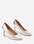  Pantofi stiletto argintii casual cu branț din piele naturală Lerelit