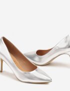  Pantofi stiletto argintii casual cu branț din piele naturală Lerelit