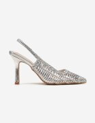  Pantofi stiletto argintii cu fețe împletite cu toc stiletto și vârf ascuțit Letto