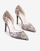  Pantofi Stiletto Bej-Negru cu vârf ascuțit cu model original cu Zirconii și Capse Alfiratte