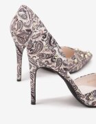  Pantofi Stiletto Bej-Negru cu vârf ascuțit cu model original cu Zirconii și Capse Alfiratte