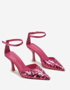  Pantofi stiletto fucsia din satin cu toc clepsidră decorați cu paiete Asuniza