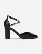  Pantofi stiletto Negre cu toc bloc cu vârf ascuțit și curea cu strasuri Jiansa