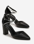  Pantofi stiletto Negre cu toc bloc cu vârf ascuțit și curea cu strasuri Jiansa
