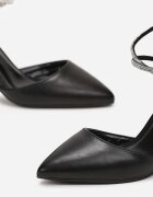  Pantofi stiletto Negre cu toc bloc cu vârf ascuțit și curea cu strasuri Jiansa