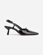  Pantofi stiletto Negre cu toc pisică Peep Toe împodobite cu catarame Evalssia