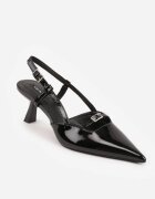 Pantofi stiletto Negre cu toc pisică Peep Toe împodobite cu catarame Evalssia