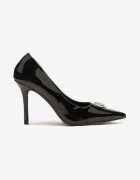  Pantofi Stiletto Negri cu luciu lacuit și Aplicație cu Cirkoni în formă de Inimă Neliraen