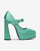  Pantofi stiletto verzi de satin pe toc gros înalt și platformă Zoyi