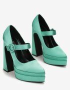  Pantofi stiletto verzi de satin pe toc gros înalt și platformă Zoyi