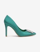  Pantofi stiletto verzi din satin cu cataramă cu bijuterii Ozena