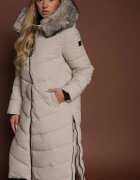 papillon d'or Geacă bej matlasată cu croială lungă cu glugă cu blană Galianesa