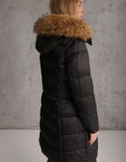 papillon d'or Geacă Neagră Matlasată cu o croială lungă cu glugă detașabilă cu blană Fenalda