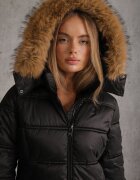 papillon d'or Geacă Neagră Matlasată cu o croială lungă cu glugă detașabilă cu blană Fenalda