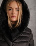 papillon d'or Jachetă Neagră cu Cusături Matlasate Curea Legată și Glugă cu Blană Fenida
