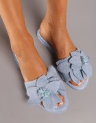  Papuci Albastre din Ecosuedă cu Talpă Plată cu Floare Decorativă Ellesara