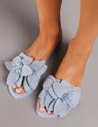  Papuci Albastre din Ecosuedă cu Talpă Plată cu Floare Decorativă Ellesara